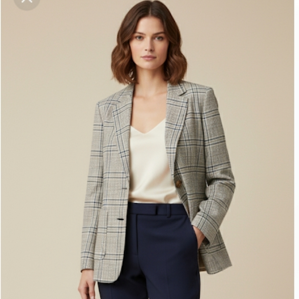 8P Talbots Silk Blend Cream Green Plaid Blazer